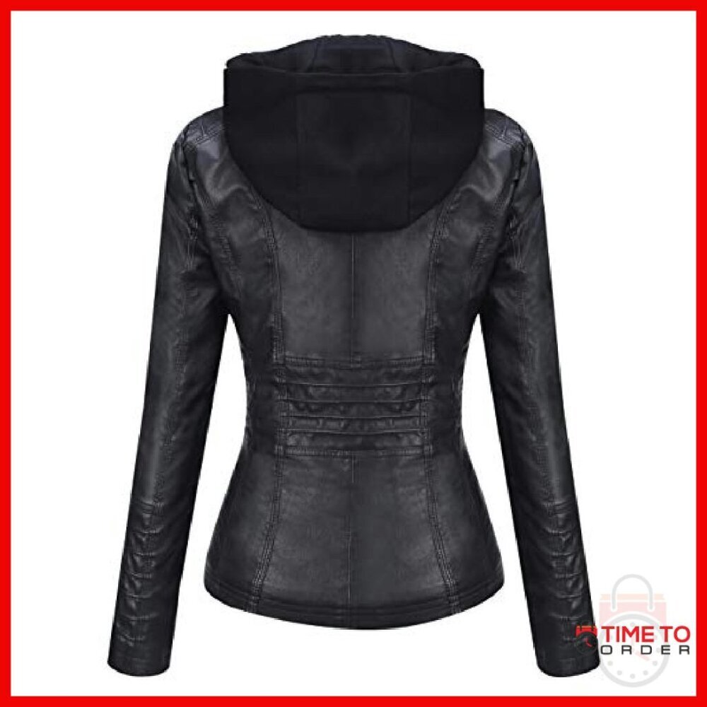 Faux Leather Moto Jacket with Detachable Hood, Zippered Pockets - Picture 4 of 8